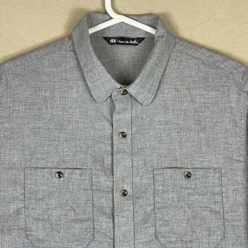 Travis Mathew Mens L Long Sleeve Button Up Shirt Gray 100% Cotton Chest Pocket - Picture 2 of 12
